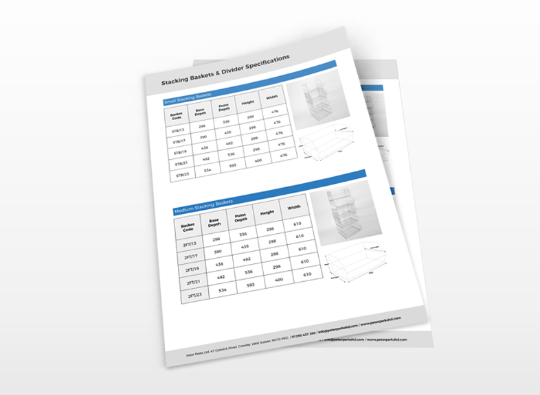 Specification sheet for wire stacking baskets